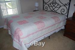 Vintage AMISH Handmade IVORY & PINK FLORAL QUILT, 88 by 100 Shabby Chic EUC