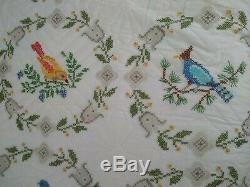 Vintage APPLIQUE Bird-Floral Handmade Quilt H U G E 98 x 100