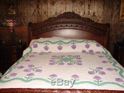 Vintage APPLIQUE Tulip Handmade Quilted Quilt H U G E 89 x 94 inches