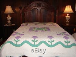 Vintage APPLIQUE Tulip Handmade Quilted Quilt H U G E 89 x 94 inches