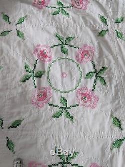 Vintage All Cotton Hand Made Cross Stitch Roses QUILT White Pink Green Beautiful
