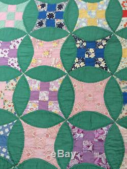 Vintage All Hand Made Quilt 88 x 70 Green And Pink Back Hand Quilted