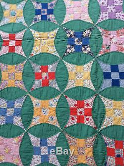 Vintage All Hand Made Quilt 88 x 70 Green And Pink Back Hand Quilted
