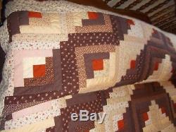 Vintage All Hand Made Shades of Browns LOG CABIN King Size Quilt 108 x 94