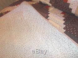 Vintage All Hand Made Shades of Browns LOG CABIN King Size Quilt 108 x 94