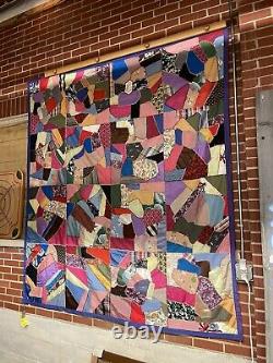 Vintage Amazing Silk Rayon CRAZY QUILT EMBROIDERY 78 by 88