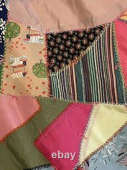 Vintage Amazing Silk Rayon CRAZY QUILT EMBROIDERY 78 by 88