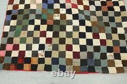 Vintage American 4 Patch Quilt Early Hand Stitched Early Repairs Full Size 55x83