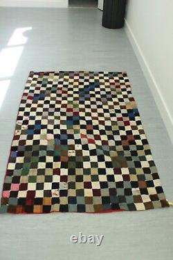 Vintage American 4 Patch Quilt Early Hand Stitched Early Repairs Full Size 55x83