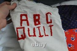 Vintage Americana Patriotic ABC Hand Made Hand Embroidered Quilt 74 x 60 OOAK