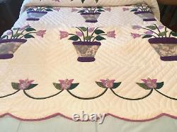 Vintage Amish Quilt Hand Stitched Flower/Tulip 96 by 108 Scalloped Appliqued