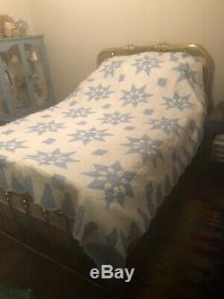 Vintage Amish handmade quilt. Blue and white Blooming Star Identical Pair