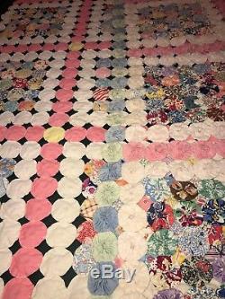Vintage Antique Hand Made Quilt Daisy Circle Button Patchwork Style 1950s Queen