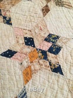 Vintage Antique Handmade Quilt, Double Stars 6+18 DiamondsHexagons65 X 92