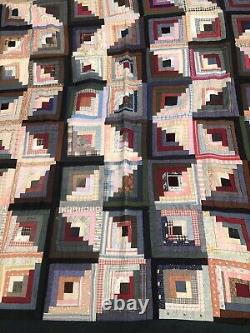 Vintage Antique Handmade Quilt Log Cabin Colorful Cutter 67 X 72 Wool & cotton