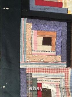 Vintage Antique Handmade Quilt Log Cabin Colorful Cutter 67 X 72 Wool & cotton