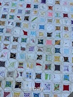 Vintage Antique Handmade Quilt Multicolored Cathedral Window 77x83