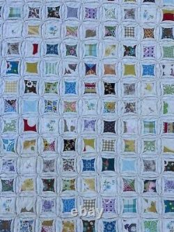 Vintage Antique Handmade Quilt Multicolored Cathedral Window 77x83