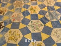 Vintage Antique Handmade Quilt Patchwork Stitched Star Blue Farmhouse 67x80 Read