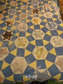 Vintage Antique Handmade Quilt Patchwork Stitched Star Blue Farmhouse 67x80 Read