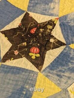 Vintage Antique Handmade Quilt Patchwork Stitched Star Blue Farmhouse 67x80 Read