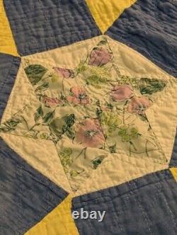 Vintage Antique Handmade Quilt Patchwork Stitched Star Blue Farmhouse 67x80 Read