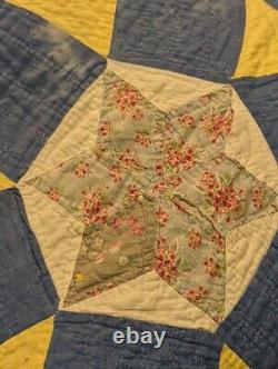 Vintage Antique Handmade Quilt Patchwork Stitched Star Blue Farmhouse 67x80 Read