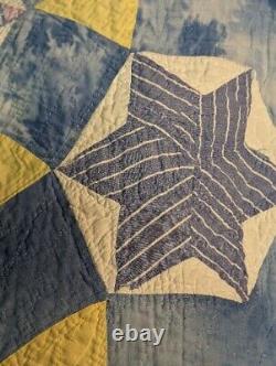 Vintage Antique Handmade Quilt Patchwork Stitched Star Blue Farmhouse 67x80 Read