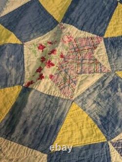 Vintage Antique Handmade Quilt Patchwork Stitched Star Blue Farmhouse 67x80 Read