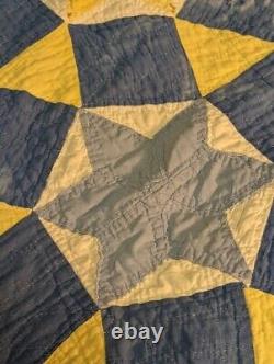 Vintage Antique Handmade Quilt Patchwork Stitched Star Blue Farmhouse 67x80 Read