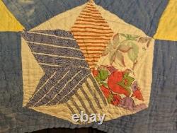 Vintage Antique Handmade Quilt Patchwork Stitched Star Blue Farmhouse 67x80 Read