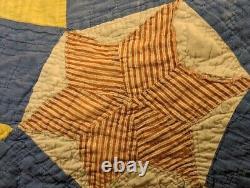 Vintage Antique Handmade Quilt Patchwork Stitched Star Blue Farmhouse 67x80 Read