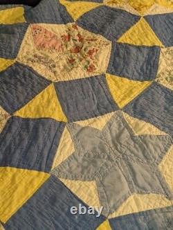 Vintage Antique Handmade Quilt Patchwork Stitched Star Blue Farmhouse 67x80 Read