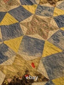 Vintage Antique Handmade Quilt Patchwork Stitched Star Blue Farmhouse 67x80 Read