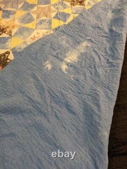 Vintage Antique Handmade Quilt Patchwork Stitched Star Blue Farmhouse 67x80 Read