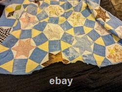 Vintage Antique Handmade Quilt Patchwork Stitched Star Blue Farmhouse 67x80 Read