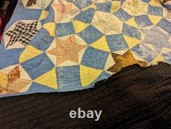 Vintage Antique Handmade Quilt Patchwork Stitched Star Blue Farmhouse 67x80 Read