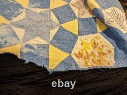 Vintage Antique Handmade Quilt Patchwork Stitched Star Blue Farmhouse 67x80 Read