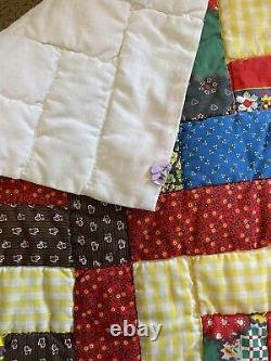 Vintage Antique Log Cabin Barn Quilt Hand Pieced Sewn Yellow Red Blue Brown
