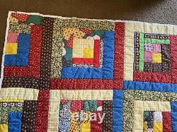 Vintage Antique Log Cabin Barn Quilt Hand Pieced Sewn Yellow Red Blue Brown