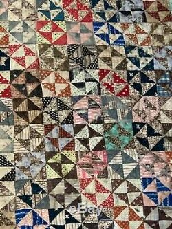 Vintage Antique Multi Color Hour Glass Quilt Hand Made Stitched 68 x 73