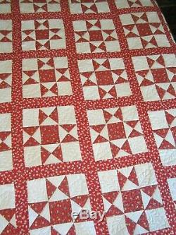Vintage Antique Ohio Star Handmade Quilt Red White Hearts Floral 74 x 82