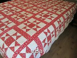 Vintage Antique Ohio Star Handmade Quilt Red White Hearts Floral 74 x 82