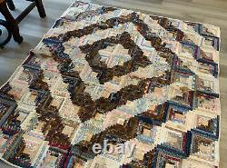 Vintage Antique Patchwork Quilt, 1880's, Log Cabin, Early Calico Prints, As Is