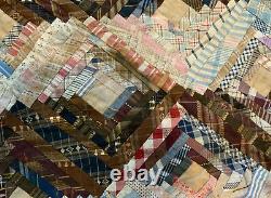 Vintage Antique Patchwork Quilt, 1880's, Log Cabin, Early Calico Prints, As Is