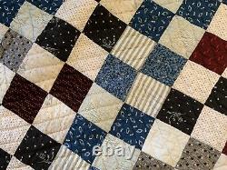 Vintage Antique Patchwork Quilt, Four Patch, Early Calicos, Hand Quilted 1900's