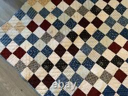 Vintage Antique Patchwork Quilt, Four Patch, Early Calicos, Hand Quilted 1900's