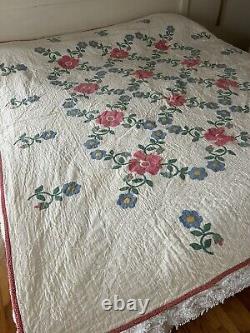 Vintage Antique Quilt Rose of Sharon Appliqué Hand Quilted Stitched Pink Cutter