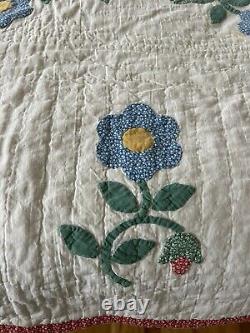 Vintage Antique Quilt Rose of Sharon Appliqué Hand Quilted Stitched Pink Cutter