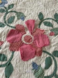 Vintage Antique Quilt Rose of Sharon Appliqué Hand Quilted Stitched Pink Cutter